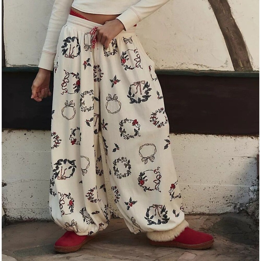 Free People Cream Wide Straight-Leg Pants with Red & Black Wreath Print
